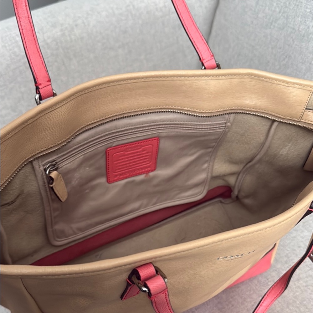 Coach Two-Tone Tan and Coral Leather Tote - Picture 3 of 3